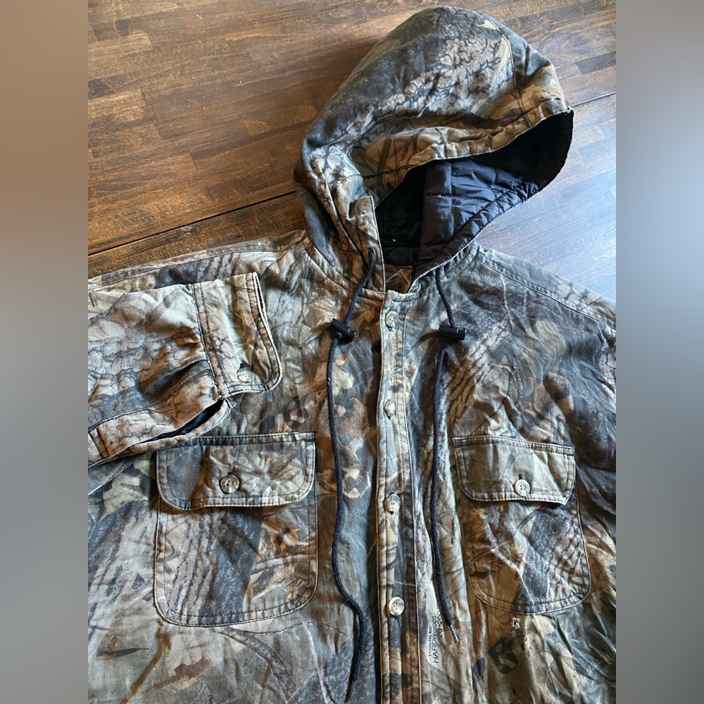Duxbak Realtree Jacket Mens Large Hooded Green Brown Leaf Camo Hunt *Flaw* VTG